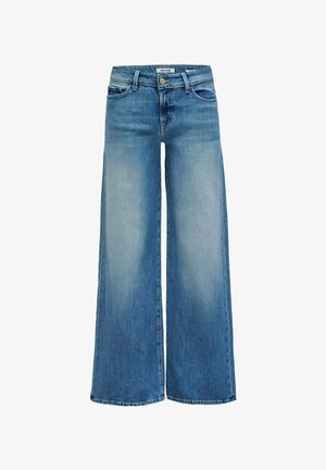 Blaue weite Jeans mit einem ausgewaschenen Finish, vorderer Knopf- und Reißverschlussverschluss, Gürtelschlaufen sowie Vorder- und Gesäßtaschen.