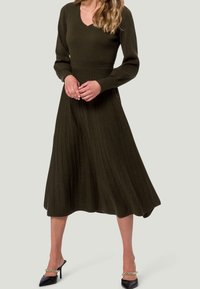 Robe tricotée à manches longues en vert olive profond avec un col en V et une jupe plissée. Elle présente un corsage ajusté et un ourlet évasé. Portée avec des talons noirs.
