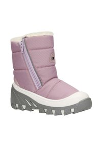 Růžová zateplená zimní bota se šedou robustní podrážkou, bočním zipem a bílým umělým kožešinovým lemováním viditelným na horním okraji.