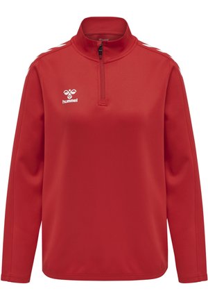 Roter Langarm-Pullover mit halbem Reißverschluss-Kragen, aus glattem Stoff gefertigt, mit weißem Logo und seitlichen Streifen für einen sportlichen Look.