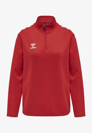 Roter Langarm-Pullover mit halbem Reißverschluss-Kragen, aus glattem Stoff gefertigt, mit weißem Logo und seitlichen Streifen für einen sportlichen Look.