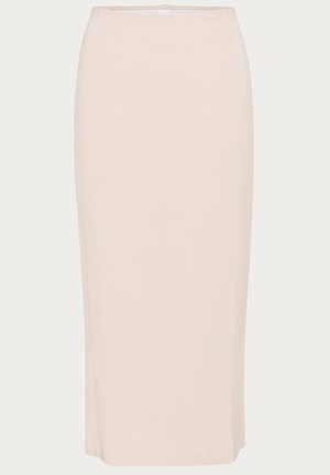 Light pink, knee-length pencil skirt made of soft fabric, featuring a fitted silhouette and a smooth texture with no visible fastenings.