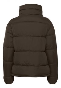 Braune Puffjacke mit hohem Kragen, ausgestattet mit einem gesteppte Design und elastischen Bündchen. Glatte, glänzende Textur mit gepolsterten Abschnitten.
