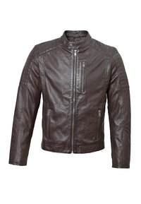 Braune Lederjacke mit hohem Kragen, Reißverschluss vorne und gesteppten Schulterakzenten. Verfügt über zwei Seitentaschen und eine Brusttasche.