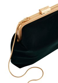 Black velvet clutch purse with gold metal frame and chain strap, featuring a clasp engraved with "FABLE ENGLAND."