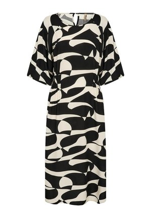 Črno-bela abstraktno vzorčasta midi obleka s širokimi rokavi, poudarjenim pasom in okroglim izrezom z zadnjo zadrgo s ključavnico.