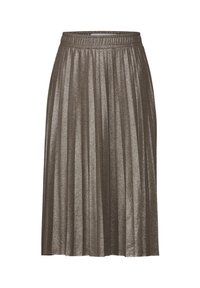 Metallic plisserad midiklänning med elastisk midja, med en texturerad yta i en dämpad bronsfärg.