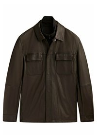 Ruskea nahkatakki, jossa on kaulus, kaksi rintataskua ja vetoketjullinen etupuoli. Takissa on sileä pinta ja jämäkkä muotoilu. Pitkät hihat.