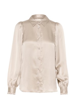 Beżowa satynowa bluzka z kołnierzykiem, długimi bufkami, zapięciem na guziki z przodu i falbaniastymi mankietami. Gładka tekstura i subtelny połysk.