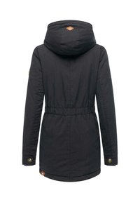 Black, long-sleeve parka jacket with a cinched waist, drawstring hood, and buttoned cuffs. Features a badge on the upper back.