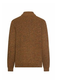Brun mønsteret sweater med høj krave, lange ærmer og et struktureret strikdesign, der har en afslappet silhuet og en blød følelse.