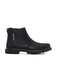 Stivaletto in pelle nera con pannelli elastici laterali, punta rinforzata, tomaia testurizzata e suola in gomma con battistrada per una migliore trazione.