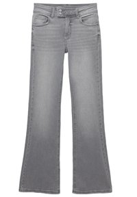 Jean en denim gris avec jambes évasées, poches avant et arrière, double fermeture par boutons et passants de ceinture, présenté sur fond blanc.