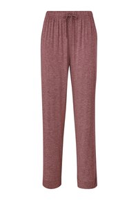 Bordeaux, lichte, elastische broek met een trekkoord in de taille; rechte pijpen; textiel met een subtiel gemêleerd patroon.