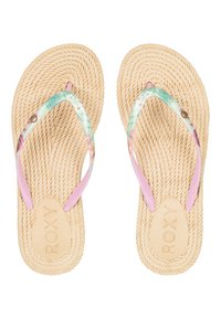Sandale dengan sol anyaman berwarna beige, tali karet mint hijau dan pink yang dilengkapi aksen bunga. Logo terukir di bagian alas kaki.