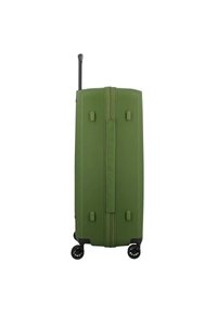 Groene harde koffer met een gestructureerde oppervlakte, ritssluiting, uitschuifbare handgreep en vier zwarte wielen voor mobiliteit.