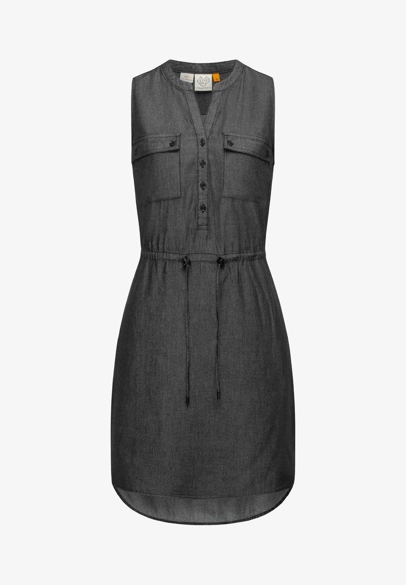 Ärmelloses, dunkelgraues Kleid aus Denim, mit einer Knopfleiste vorne, zwei Brusttaschen und einem verstellbaren Kordelzug in der Taille.