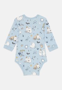 Body blu con maniche lunghe che presenta i personaggi dei Moomin in una stampa fantasiosa. Materiale in cotone morbido con scollatura rotonda e chiusura a scatto sul fondo.