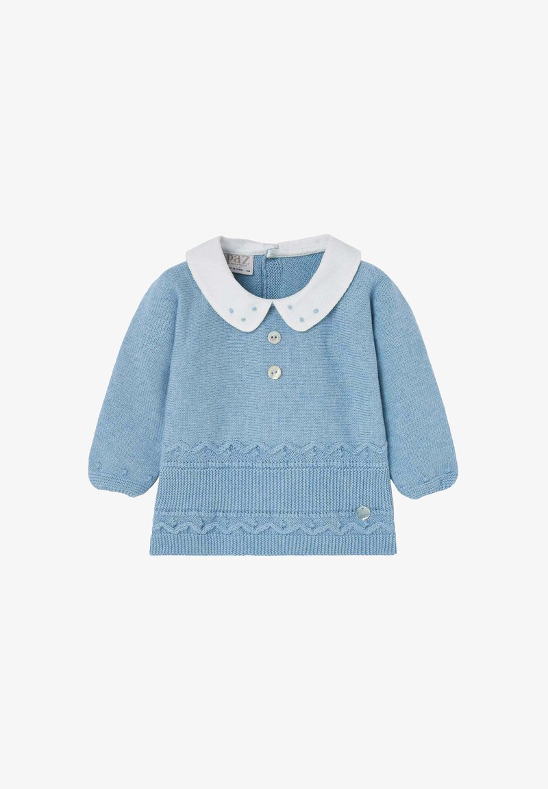 Pull en tricot bleu clair avec un col blanc, trois boutons et des coutures décoratives le long de l'ourlet. Texture douce et forme ronde.