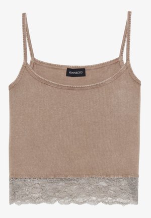 Bruine tanktop met dunne sp straps, voorzien van een lichtgrijze kantafwerking aan de onderkant. Gemaakt van een zachte, rekbare stof. Even&Odd label zichtbaar.