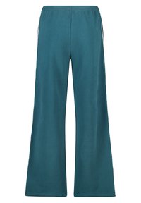 Teal wide-leg pants with an elastic waistband, made from soft fabric. Features white side stripes along the outer seams.