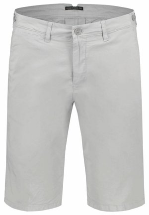 Hellgraue Herrenknielange Shorts mit vorderer Knopfleiste, Reißverschluss, Gürtelschlaufen und Seitentaschen.