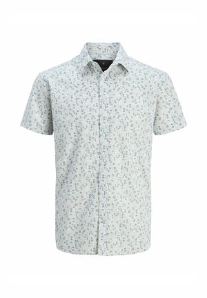 Cămașă cu mânecă scurtă și butoniere de culoare albastru deschis, cu un model floral. Fabricată dintr-un material ușor, având un guler clasic și un tiv drept.