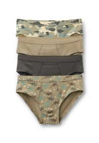 Quatre paires de slips pour garçons : 1. Motif camouflage dans des tons de vert et de beige. 2. Beige uni. 3. Gris foncé uni. 4. Beige avec des motifs de dinosaures et de traces de pas.