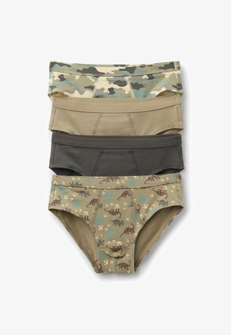 Quatre paires de slips pour garçons : 1. Motif camouflage dans des tons de vert et de beige. 2. Beige uni. 3. Gris foncé uni. 4. Beige avec des motifs de dinosaures et de traces de pas.