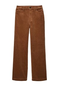 Pantalon en velours côtelé marron à coupe droite, doté de poches devant, d'une fermeture par bouton et d'une fine texture côtelée verticale.