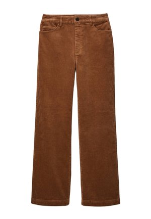 Pantalon en velours côtelé marron à coupe droite, doté de poches devant, d'une fermeture par bouton et d'une fine texture côtelée verticale.