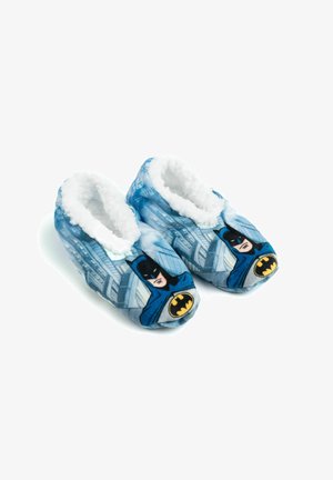 Batman-themed slippers made of soft fabric with a blue and gray design, featuring a plush white lining and an image of Batman on the front.