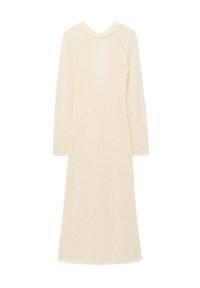 Longue robe en maille couleur crème avec manches longues et col rond, présentée à plat sur fond blanc.