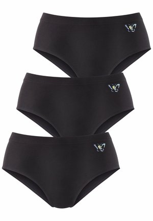 Culottes noires en coton taille haute, avec une broderie de papillon en bleu et vert sur la ceinture. Trois paires empilées.