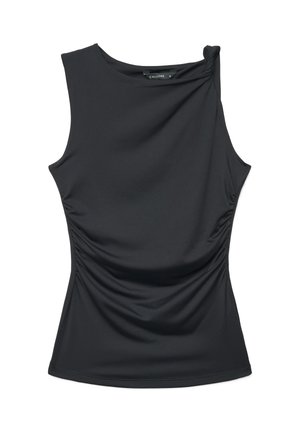 Top nero aderente senza maniche con lati arricciati e un piccolo nodo sulla spalla destra, realizzato in tessuto liscio e leggermente lucido.