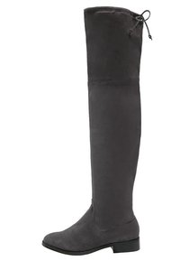Over-the-knee boots in gray suede with a flat sole, featuring a round toe and adjustable drawstring at the top for a secure fit.
