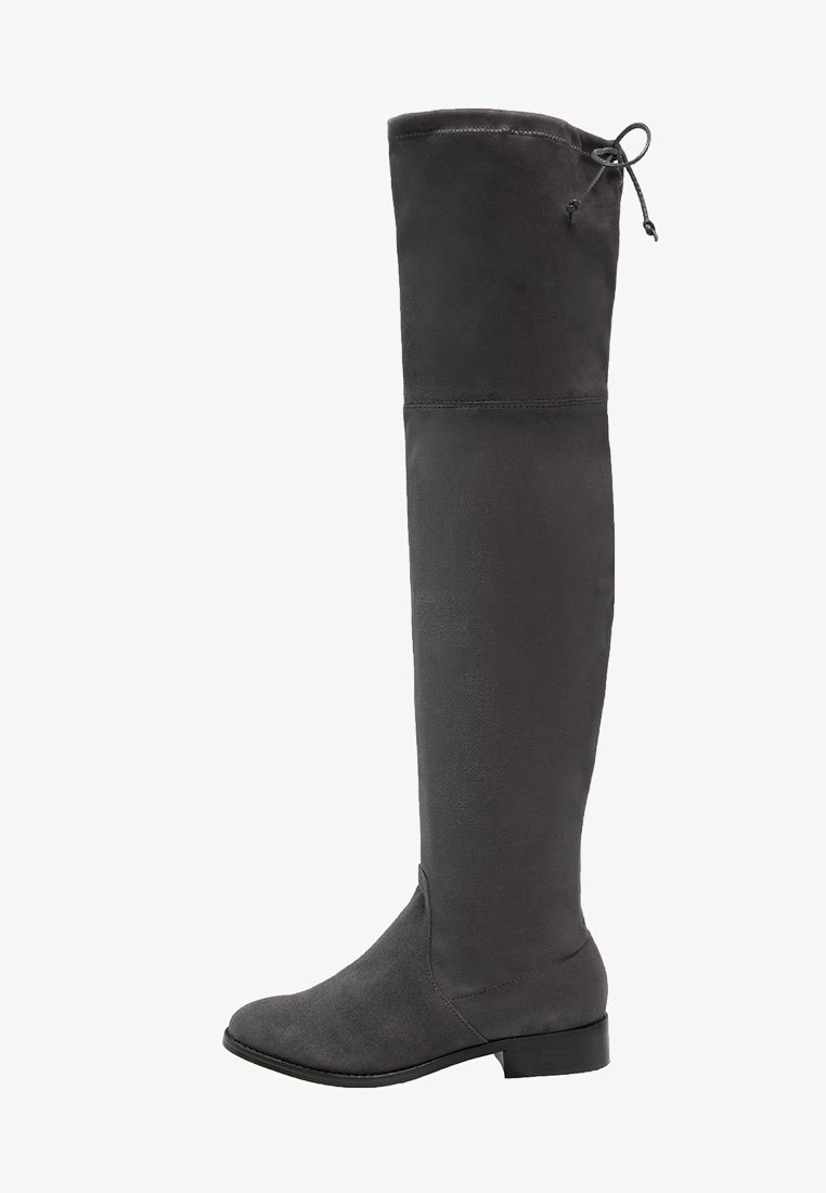 Over-the-knee boots in gray suede with a flat sole, featuring a round toe and adjustable drawstring at the top for a secure fit.