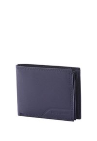 Portafoglio in pelle blu navy con superficie texturizzata, design pieghevole e cuciture visibili. Marchio sobrio sulla parte anteriore. Presenta più slot per carte.