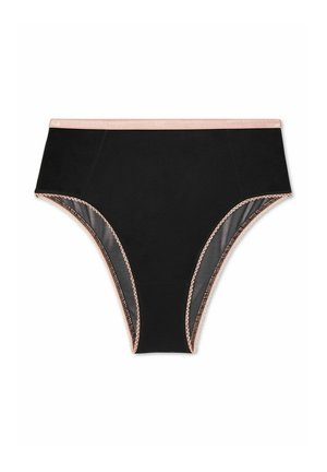 Panties negros de talle alto con una textura suave, cuentan con una cinturilla elástica rosa y costuras decorativas a lo largo de los bordes.