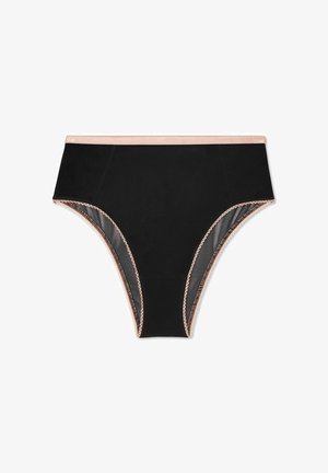 Panties negros de talle alto con una textura suave, cuentan con una cinturilla elástica rosa y costuras decorativas a lo largo de los bordes.