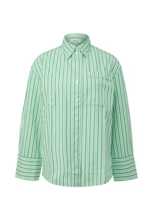 Koszula na guziki z długim rękawem, z zielonymi i białymi pionowymi paskami oraz kieszonką na piersi, kołnierzykiem i mankietami.