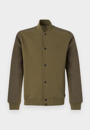 Oliivinvihreä bomber-takki, jossa tummanvihreät hihat, painonapit edessä sekä resorikaulus, -hihansuut ja -helma.