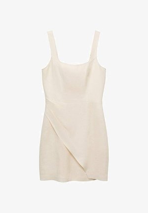 Kremno obarvana brezrokavna obleka s kvadratnim izrezom, prilegajočim zgornjim delom in asimetričnim drapiranjem spredaj. Gladka tekstura, poenostavljena oblika.