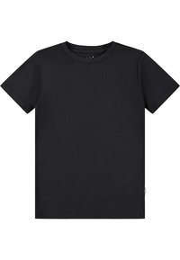 T-shirt in cotone nero con colletto rotondo classico, maniche corte e taglio dritto. Presenta un piccolo etichetta del marchio sul lato sinistro inferiore.