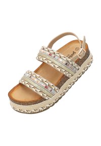 Beige geflochtene Sandalen mit drei Riemen, strukturiertem korkähnlichem Absatz und einem leichten Absatz. Enthält ein dekoratives, geflochtenes Akzentdesign.