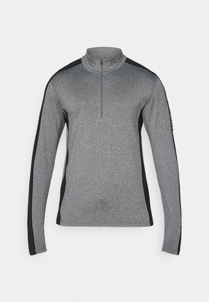 Šedé sportovní tričko s dlouhým rukávem a krátkým zipem na límci. Černé akcenty po stranách. Vyrobeno z texturovaného, prodyšného materiálu.