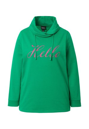 Groene pullover met een col, lange mouwen en een roze "Hello" opdruk op de voorkant. Gemaakt van zachte, ademende stof.