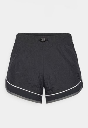 Black athletic shorts made of lightweight, textured fabric; features a white accent stripe, elastic waistband, and adjustable drawstring.