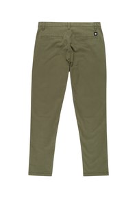 Pantaloni color verde oliva in cotone con una trama liscia, dotati di due tasche posteriori e di un'etichetta con logo sulla vita.