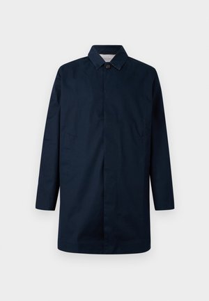 Marineblauer langer Mantel mit Kragen, Frontknopfverschluss, zwei seitlichen Taschen und gerader Silhouette, aus einem glatten Material gefertigt.